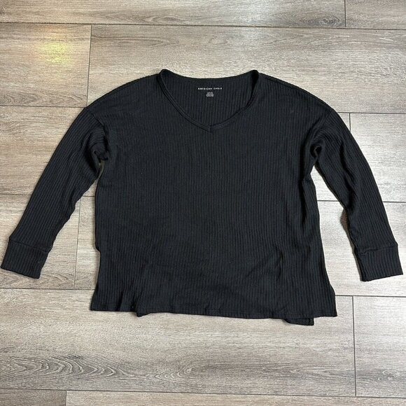 American Eagle Outfitters Long Sleeve T Shirt Size S Top V Neck Rib Black - Picture 1 of 5